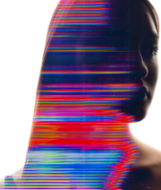 Stylized portrait with rainbow distortion lines